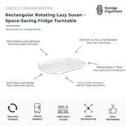 Rectangular rotating lazy Susan turntable for fridge and pantry organisation. Space-saving refrigerator organiser features a rotating and pull-forward design, removable tray, and suction cup base for stable access to condiments, sauces, jars, beverages, snacks, and pantry essentials. Clear fridge-friendly storage solution designed to maximise deep shelf space and improve visibility of stored items in refrigerators, cupboards, and pantries.
