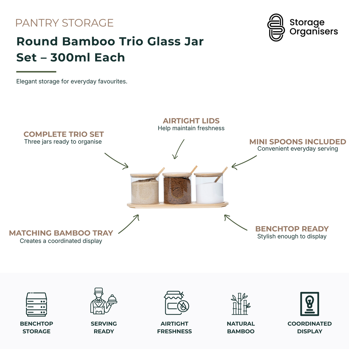 Round bamboo trio glass jar set featuring three 300ml glass storage jars with airtight bamboo lids, matching bamboo tray, and mini serving spoons. Ideal for organising coffee, sugar, tea, spices, condiments, and pantry essentials while maintaining freshness. Stylish benchtop storage solution that combines practical organisation with natural bamboo aesthetics for kitchens, coffee stations, and dining areas.