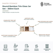 Round bamboo trio glass jar set featuring three 300ml glass storage jars with airtight bamboo lids, matching bamboo tray, and mini serving spoons. Ideal for organising coffee, sugar, tea, spices, condiments, and pantry essentials while maintaining freshness. Stylish benchtop storage solution that combines practical organisation with natural bamboo aesthetics for kitchens, coffee stations, and dining areas.