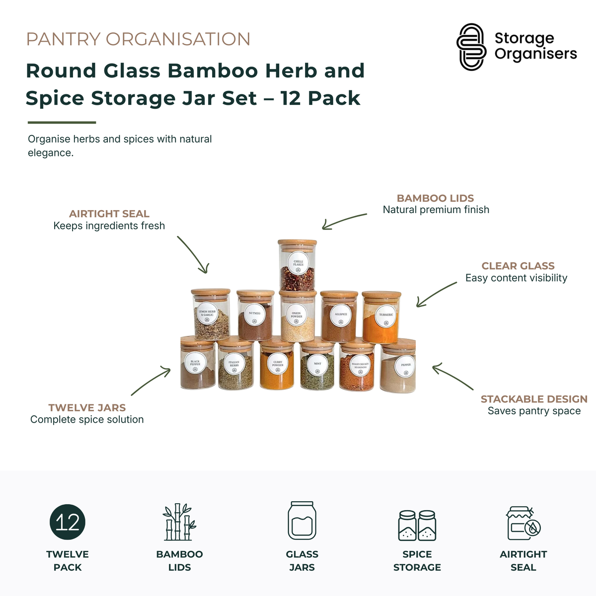 12-piece round glass herb and spice storage jar set with airtight bamboo lids, designed to keep herbs, spices, and seasonings fresh and neatly organised. Features clear glass jars for easy content visibility, airtight seals to preserve freshness, stackable design to maximise pantry space, and natural bamboo lids for a premium, modern look. Ideal for storing herbs, spices, seasoning blends, salts, peppers, and pantry essentials while creating a stylish and organised kitchen pantry.