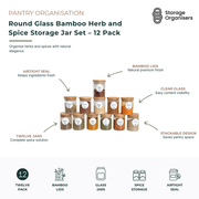 12-piece round glass herb and spice storage jar set with airtight bamboo lids, designed to keep herbs, spices, and seasonings fresh and neatly organised. Features clear glass jars for easy content visibility, airtight seals to preserve freshness, stackable design to maximise pantry space, and natural bamboo lids for a premium, modern look. Ideal for storing herbs, spices, seasoning blends, salts, peppers, and pantry essentials while creating a stylish and organised kitchen pantry.
