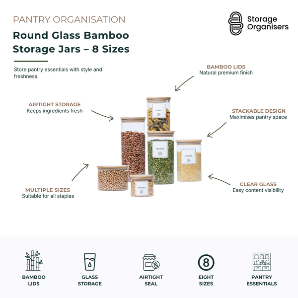 Round glass storage jar collection with natural bamboo lids, available in eight sizes for organising pantry staples and kitchen essentials. Featuring airtight seals to help maintain freshness, clear glass construction for easy content visibility, and a stackable design to maximise pantry space. Ideal for storing pasta, rice, lentils, beans, popcorn kernels, grains, nuts, seeds, and other dry food ingredients. Stylish and practical pantry storage solution for creating an organised and clutter-free kitchen.