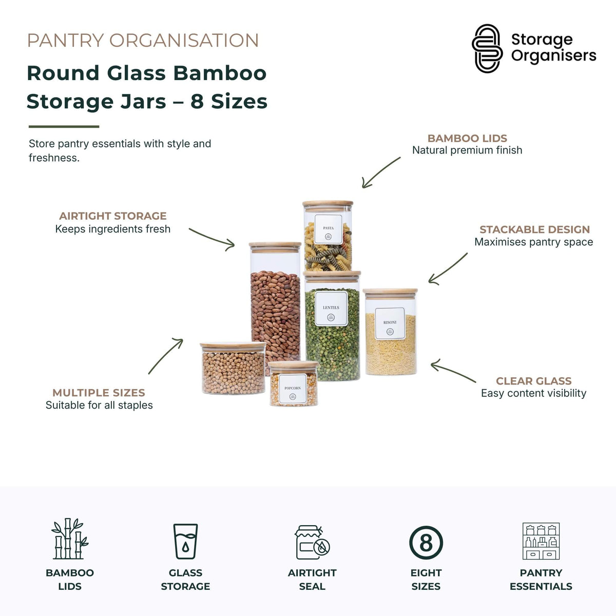 Round Glass Bamboo Storage Jars – 5 Sizes