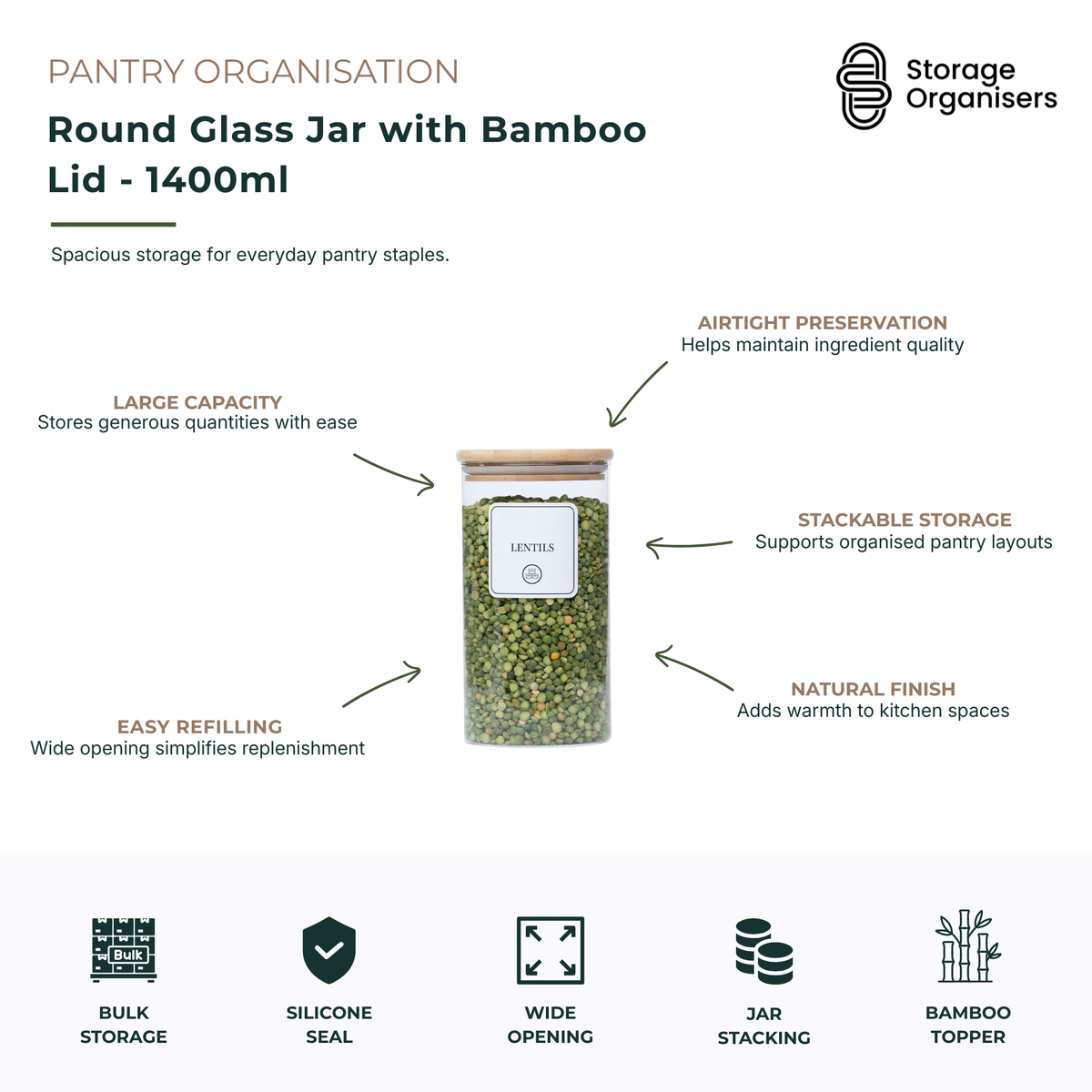 Large 1400ml round glass storage jar with airtight bamboo lid, designed for pantry organisation and bulk food storage. The clear glass container features a silicone-sealed bamboo lid to help preserve freshness while allowing easy visibility of contents such as lentils, rice, pasta, grains, cereals, baking ingredients, and snacks. With a wide opening for convenient refilling and a stackable design for efficient shelf organisation, this pantry storage jar combines practical food storage with a natural bamboo 