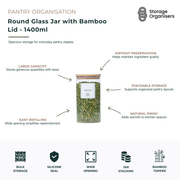 Large 1400ml round glass storage jar with airtight bamboo lid, designed for pantry organisation and bulk food storage. The clear glass container features a silicone-sealed bamboo lid to help preserve freshness while allowing easy visibility of contents such as lentils, rice, pasta, grains, cereals, baking ingredients, and snacks. With a wide opening for convenient refilling and a stackable design for efficient shelf organisation, this pantry storage jar combines practical food storage with a natural bamboo 