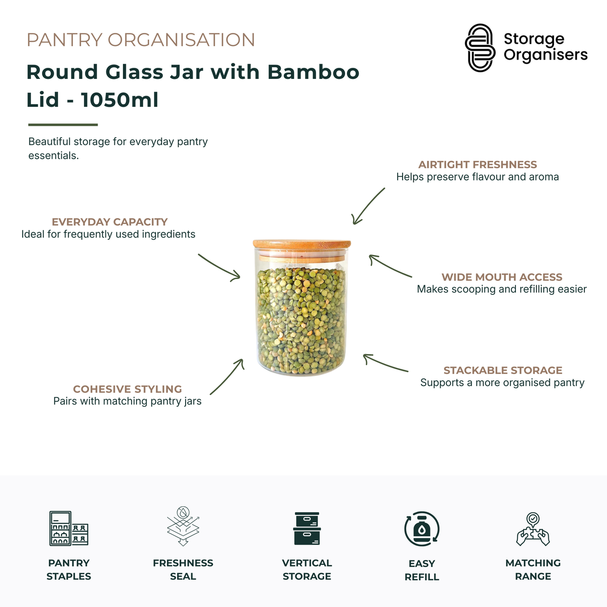 1050ml round glass storage jar with a natural bamboo lid and airtight silicone seal, designed to keep pantry staples fresh, organised, and easy to access. Ideal for storing rice, lentils, grains, pasta, nuts, seeds, snacks, baking ingredients, coffee, tea, and dried foods. The clear glass body provides instant visibility of contents, while the wide-mouth opening makes scooping, pouring, and refilling simple. Stackable design helps maximise pantry shelf space and creates a coordinated, clutter-free storage s