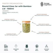 1050ml round glass storage jar with a natural bamboo lid and airtight silicone seal, designed to keep pantry staples fresh, organised, and easy to access. Ideal for storing rice, lentils, grains, pasta, nuts, seeds, snacks, baking ingredients, coffee, tea, and dried foods. The clear glass body provides instant visibility of contents, while the wide-mouth opening makes scooping, pouring, and refilling simple. Stackable design helps maximise pantry shelf space and creates a coordinated, clutter-free storage s