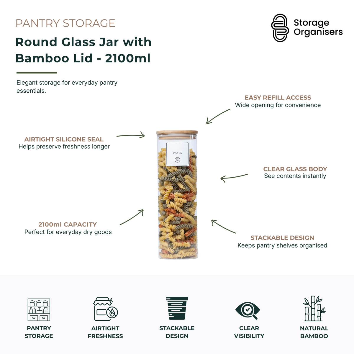 Large 2100ml round glass storage jar with natural bamboo lid and airtight silicone seal, designed for pantry organisation and bulk dry food storage. Clear glass container provides instant visibility of contents and a stackable design, making it ideal for storing pasta, rice, cereal, flour, grains, snacks, coffee, and other pantry essentials while keeping food fresh for longer.