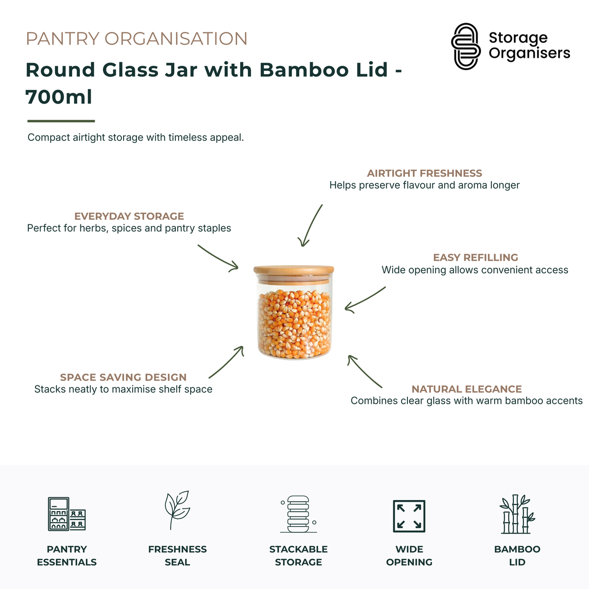 Round 700ml glass storage jar with airtight bamboo lid designed for organising herbs, spices, coffee, tea, nuts, snacks and pantry staples. The clear glass body provides instant visibility of contents while the natural bamboo lid helps create an airtight seal to preserve freshness, flavour and aroma for longer. Featuring a wide opening for easy refilling and access, this compact pantry storage jar stacks neatly to maximise shelf space and maintain an organised kitchen. Ideal for modern pantry organisation, 