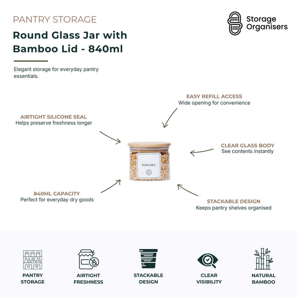Round Glass Jar with Bamboo Lid - 840ml