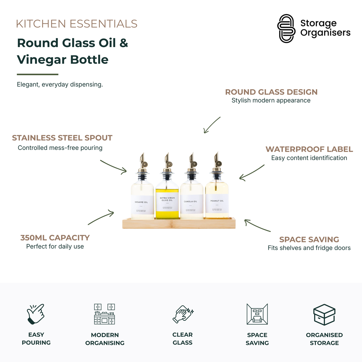 Round glass oil and vinegar bottle set with stainless steel pour spouts, waterproof labels, and bamboo tray, designed for controlled dispensing, organised kitchen storage, and countertop display.