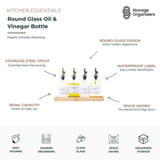 Round glass oil and vinegar bottle set with stainless steel pour spouts, waterproof labels, and bamboo tray, designed for controlled dispensing, organised kitchen storage, and countertop display.