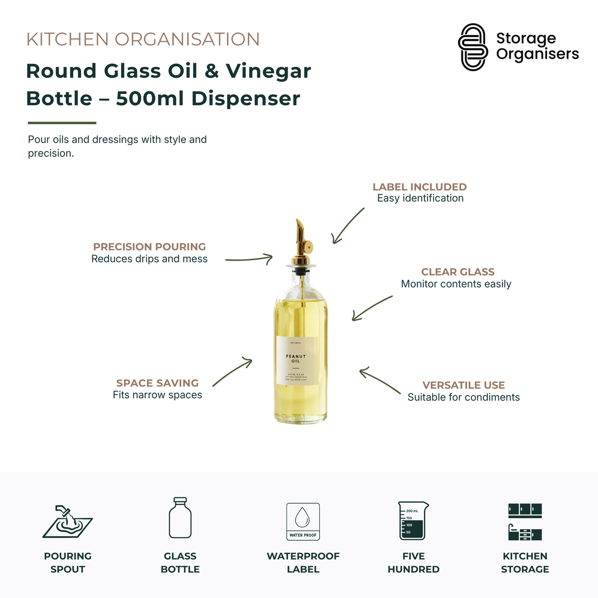 500ml round glass oil and vinegar dispenser bottle with precision pouring spout and waterproof label, designed for stylish kitchen organisation and controlled pouring. Features clear glass construction for easy content visibility, a drip-reducing pourer for mess-free dispensing, slim space-saving design, and versatile storage for olive oil, vinegar, dressings, infused oils, sauces, and liquid condiments. Ideal for organised kitchen countertops, pantries, and cooking preparation areas.
