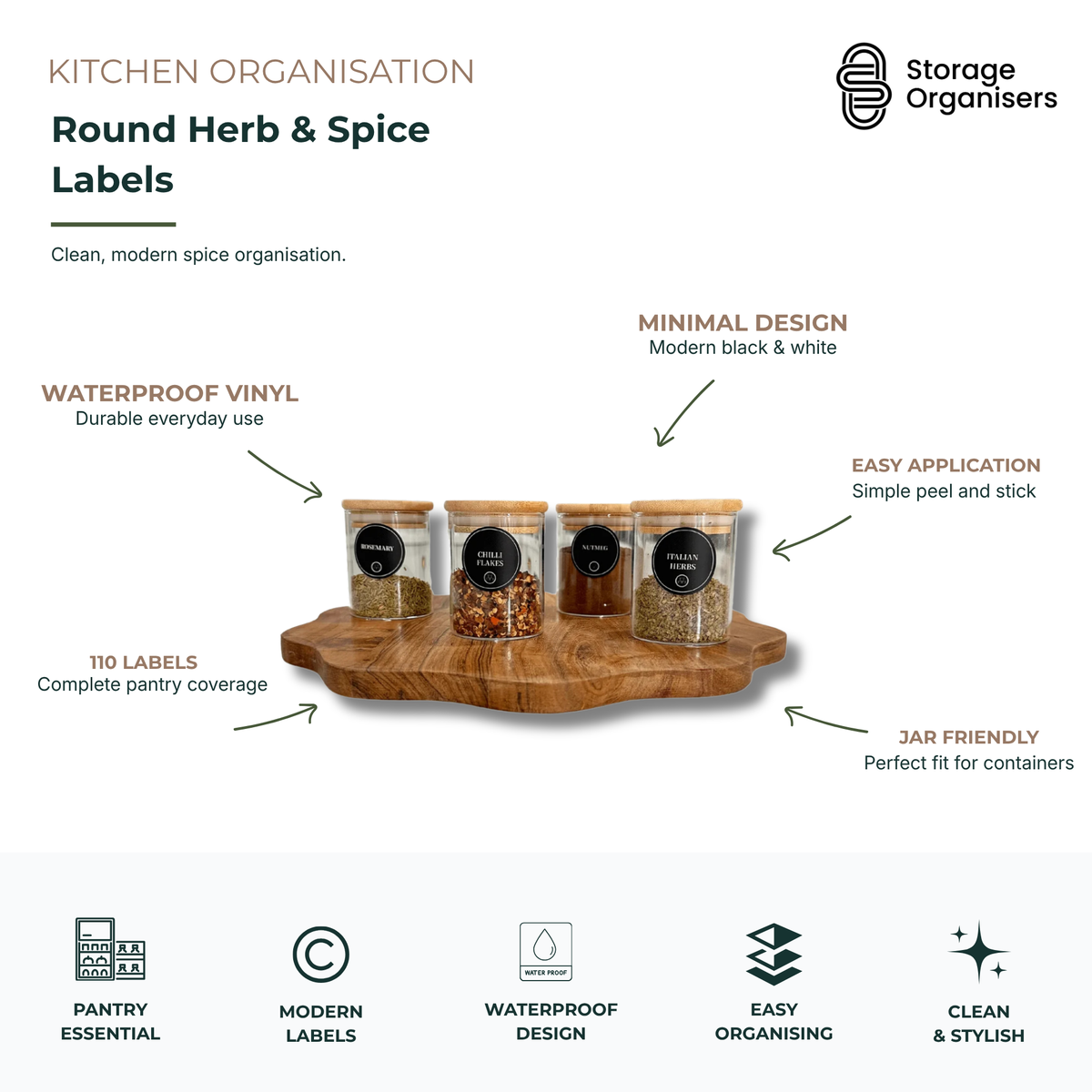 round herb and spice label stickers pack with waterproof vinyl design for pantry jars, spice containers, and kitchen organisation