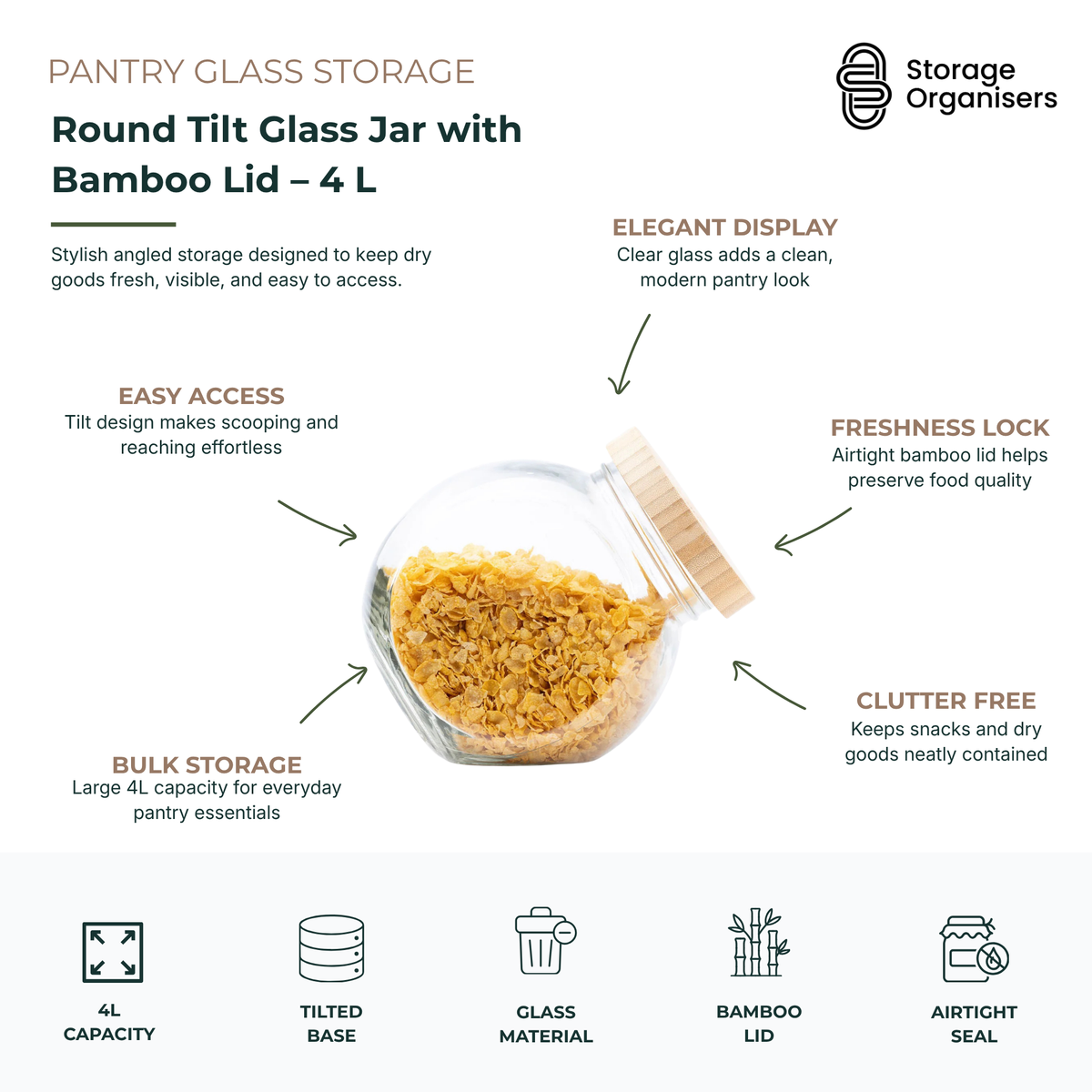 round tilt glass jar with bamboo lid 4L airtight pantry storage container for cereal, snacks, and dry food organisation