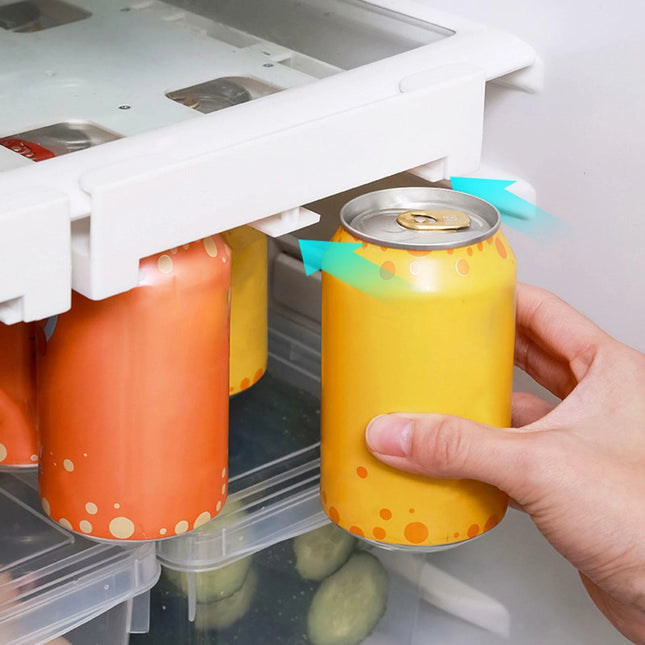 Person uses Hanging Fridge Can Organiser to store cans, enhancing kitchen storage and pantry organisation with practical fridge organisers.
