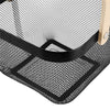 Black mesh storage basket for pantry or kitchen organisers, featuring wooden handles, ideal for home organisation and under sink storage.