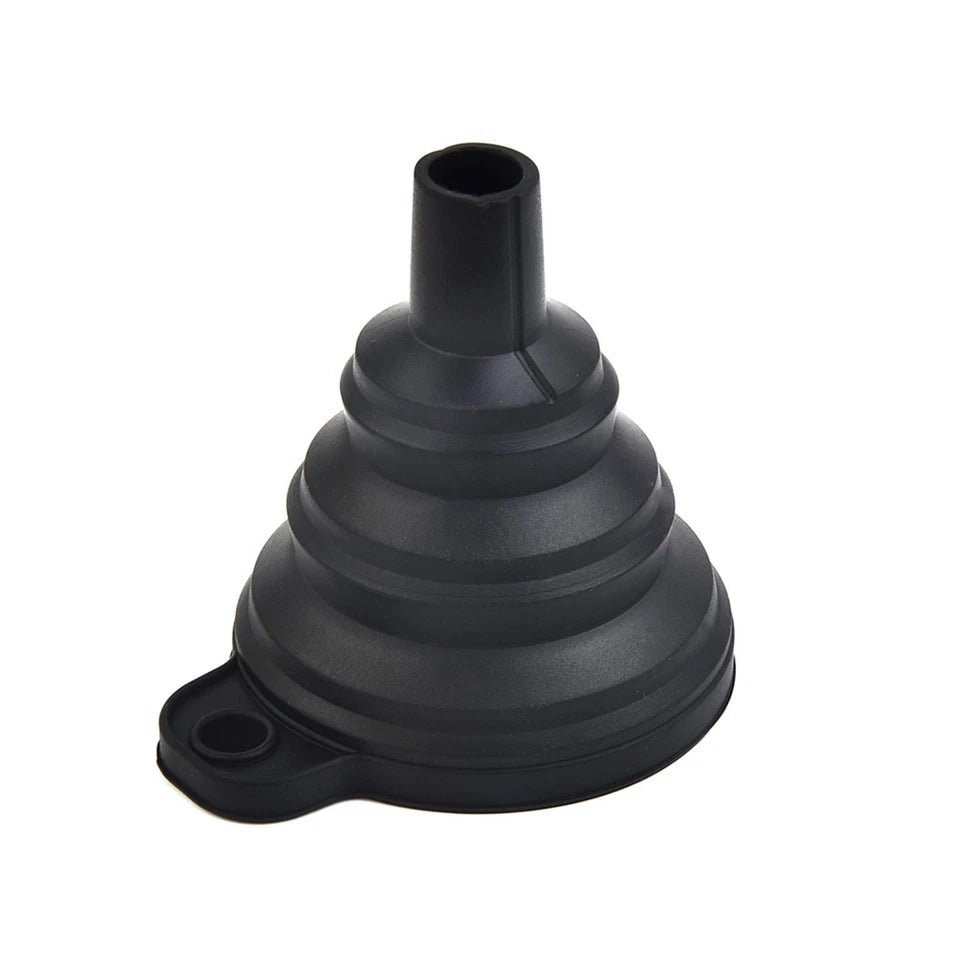 Black Foldable Silicone Funnel for Jars & Liquids, ideal for kitchen organisation, perfect for pantry and under sink storage.