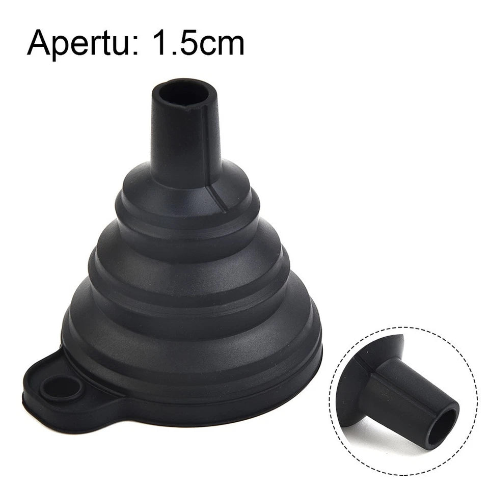 Black Foldable Silicone Funnel for Jars & Liquids, perfect for kitchen and pantry organisation, shown fully expanded.
