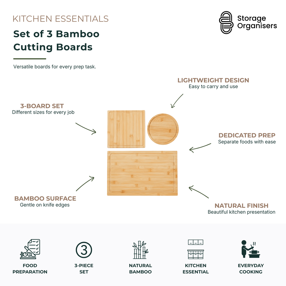 Set of 3 bamboo cutting boards in assorted sizes for food preparation, meal prep, chopping, slicing, and serving. Featuring a durable natural bamboo surface that is gentle on knife edges, lightweight for easy handling, and ideal for separating ingredients during everyday cooking and kitchen organisation.
