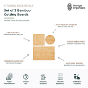 Set of 3 bamboo cutting boards in assorted sizes for food preparation, meal prep, chopping, slicing, and serving. Featuring a durable natural bamboo surface that is gentle on knife edges, lightweight for easy handling, and ideal for separating ingredients during everyday cooking and kitchen organisation.