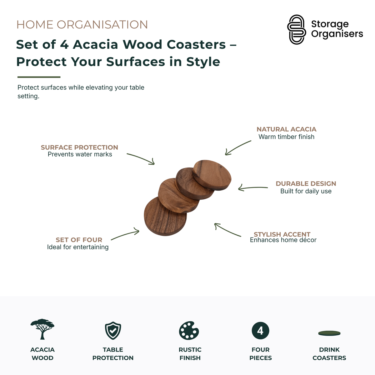 Set of 4 acacia wood drink coasters designed to protect tables, benchtops and furniture from water marks, condensation and heat damage. Crafted from durable natural acacia wood with a warm timber finish, these stylish coasters add a rustic touch to dining tables, coffee tables and entertaining spaces. Ideal for hot and cold beverages, they help preserve surfaces while complementing modern, farmhouse and natural home décor styles. Perfect for everyday use, entertaining guests and creating a coordinated table
