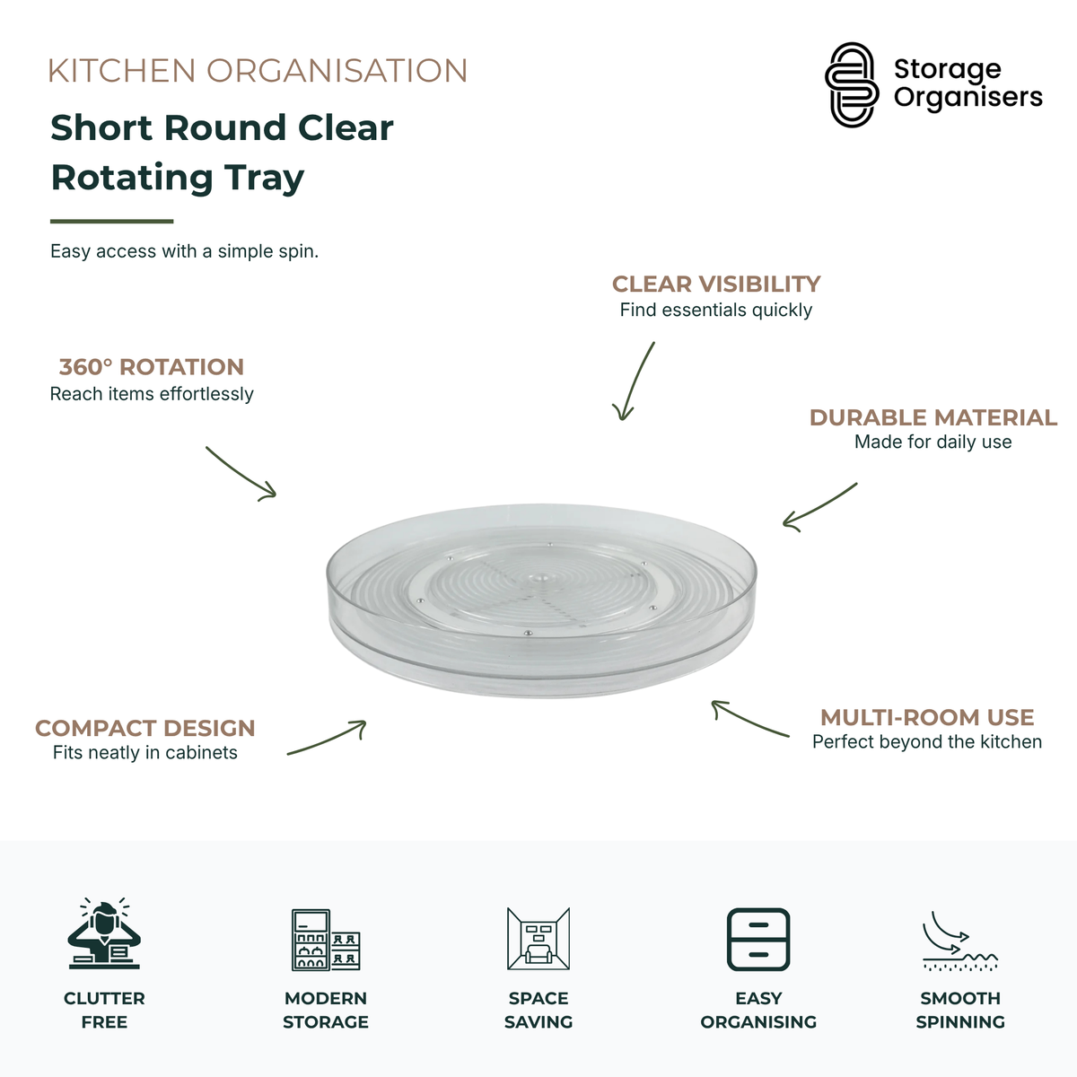 short round clear rotating tray lazy susan organiser for kitchen cabinets, pantry storage, and easy-access countertop organisation