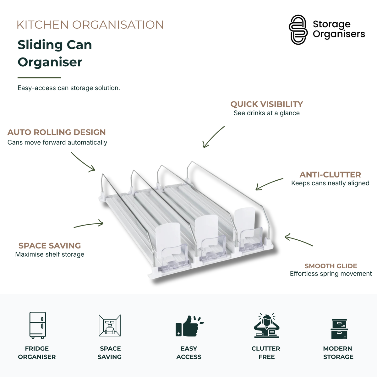 sliding can organiser with auto rolling design for fridge, pantry, and drink can storage with easy-access compact rack