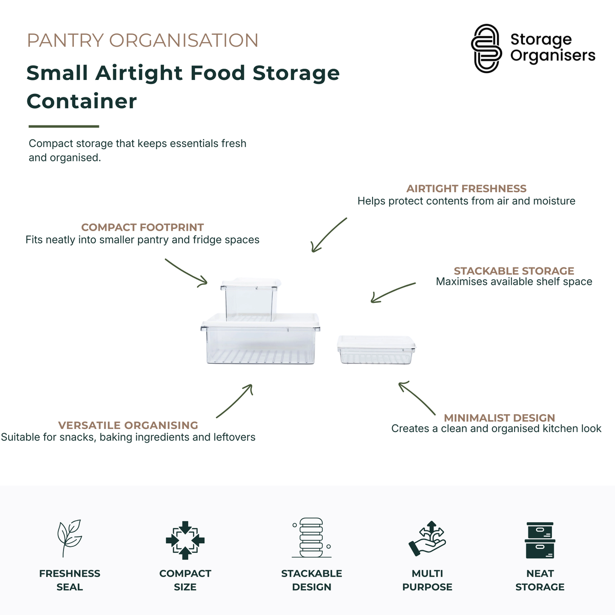 Set of small airtight food storage containers designed for compact pantry, fridge and kitchen organisation. Featuring secure airtight lids that help protect contents from air and moisture, these containers keep snacks, baking ingredients, leftovers and everyday essentials fresher for longer. The stackable design maximises shelf space while the clear bodies allow quick visibility of contents. Their compact footprint fits neatly into smaller storage areas, creating a clean, organised and clutter-free kitchen.