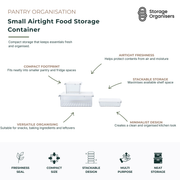 Set of small airtight food storage containers designed for compact pantry, fridge and kitchen organisation. Featuring secure airtight lids that help protect contents from air and moisture, these containers keep snacks, baking ingredients, leftovers and everyday essentials fresher for longer. The stackable design maximises shelf space while the clear bodies allow quick visibility of contents. Their compact footprint fits neatly into smaller storage areas, creating a clean, organised and clutter-free kitchen.