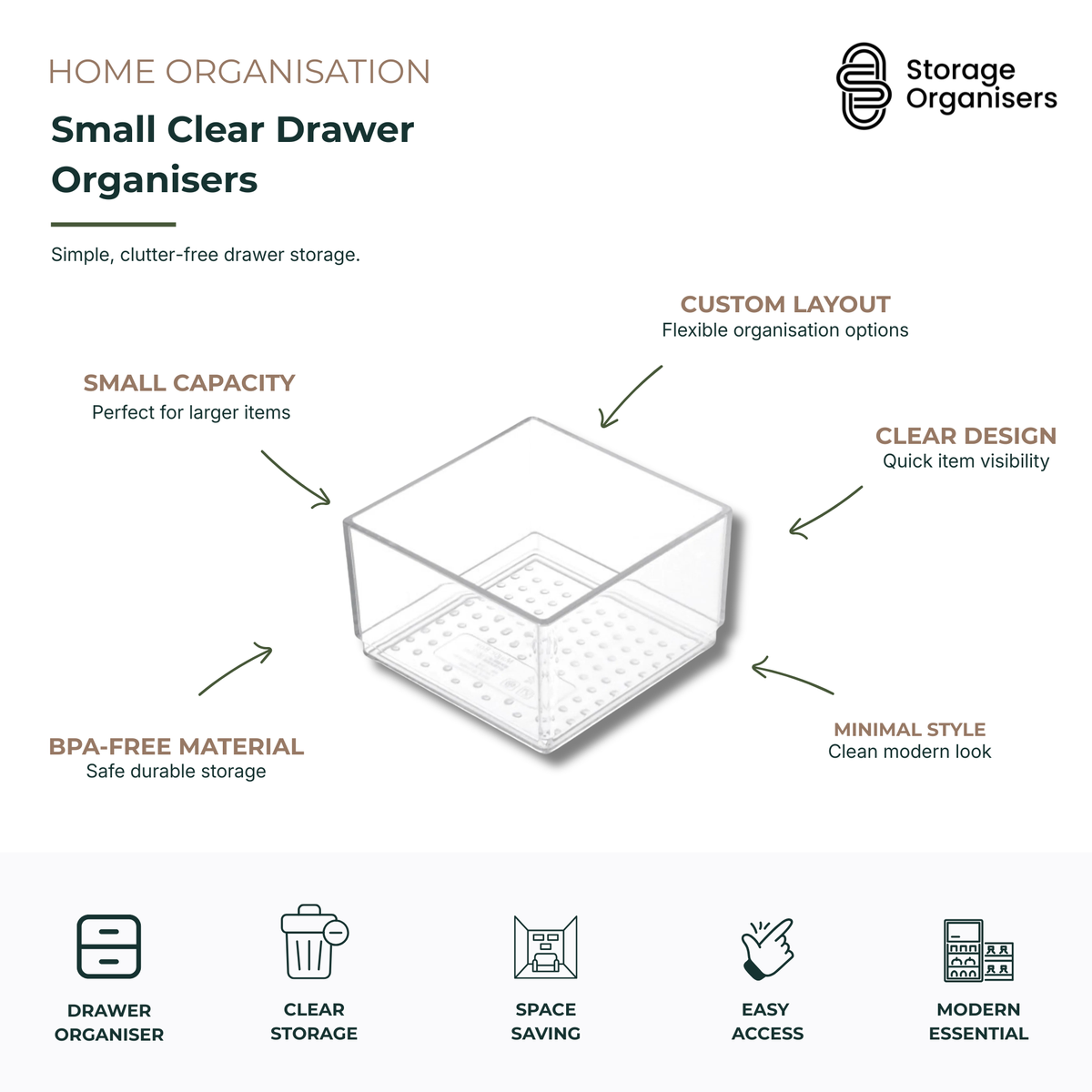 small clear drawer organisers with BPA-free transparent design for home, bathroom, kitchen, and office storage organisation