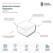 small clear drawer organisers with BPA-free transparent design for home, bathroom, kitchen, and office storage organisation