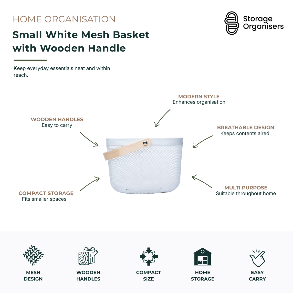 Small white mesh storage basket with natural wooden handle, designed to keep everyday essentials organised and within easy reach. Features a breathable mesh design for improved airflow, sturdy wooden handles for comfortable carrying, compact size for smaller spaces, and a modern minimalist style that complements any home décor. Ideal for organising toiletries, pantry items, cleaning supplies, craft materials, office accessories, and household essentials throughout the home.