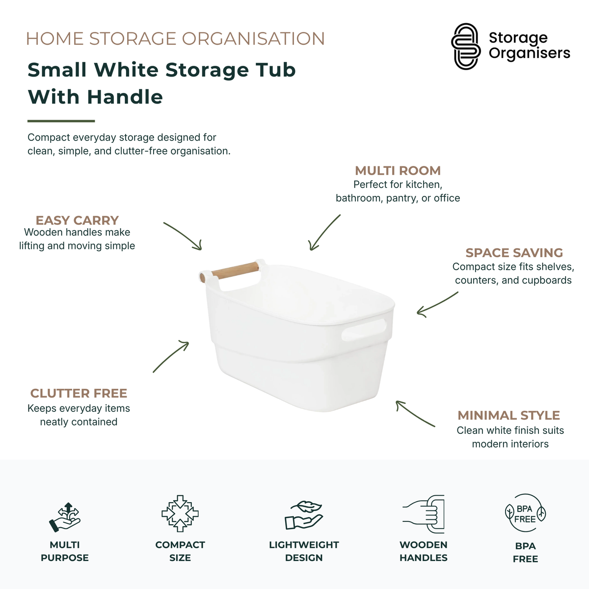 small white storage tub with wooden handle for kitchen, bathroom, pantry, office, and home organisation