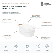 small white storage tub with wooden handle for kitchen, bathroom, pantry, office, and home organisation