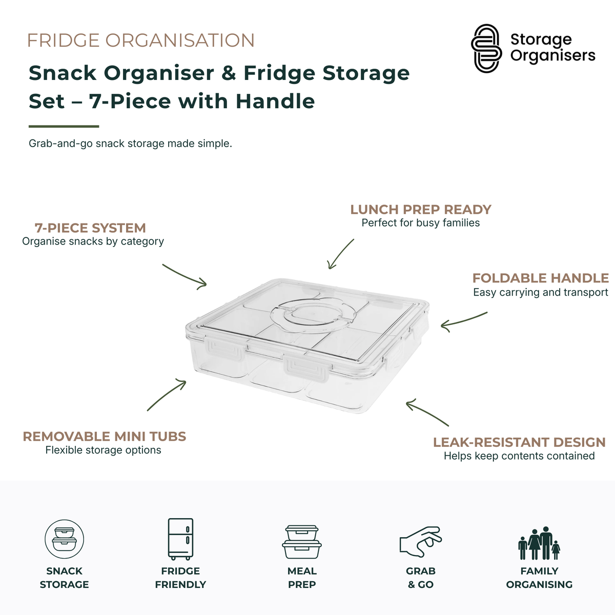 7-piece snack organiser and fridge storage set with foldable handle, removable compartments, and leak-resistant clear containers. Ideal for organising snacks, lunch prep ingredients, meal components, and refrigerator essentials while providing convenient grab-and-go storage for busy families.