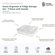 7-piece snack organiser and fridge storage set with foldable handle, removable compartments, and leak-resistant clear containers. Ideal for organising snacks, lunch prep ingredients, meal components, and refrigerator essentials while providing convenient grab-and-go storage for busy families.