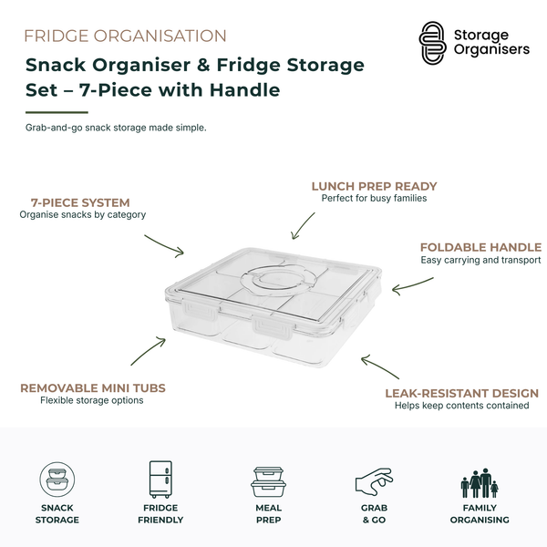 7-piece snack organiser and fridge storage set with foldable handle, removable compartments, and leak-resistant clear containers. Ideal for organising snacks, lunch prep ingredients, meal components, and refrigerator essentials while providing convenient grab-and-go storage for busy families.