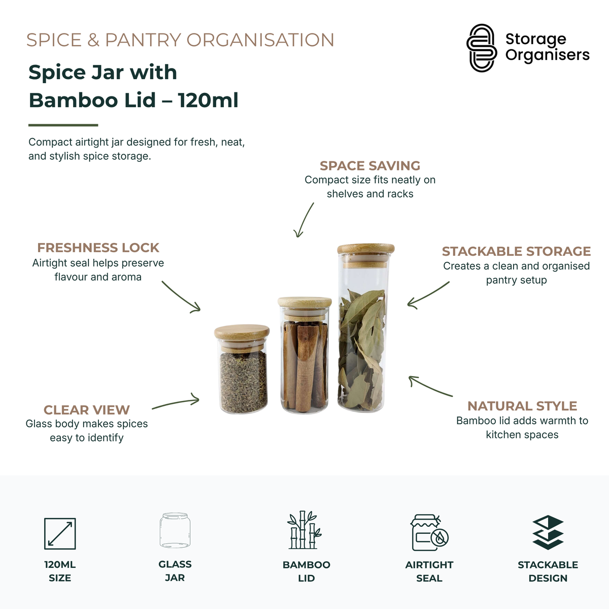120ml spice jar with bamboo lid and airtight seal for herbs, spices, and modern pantry organisation