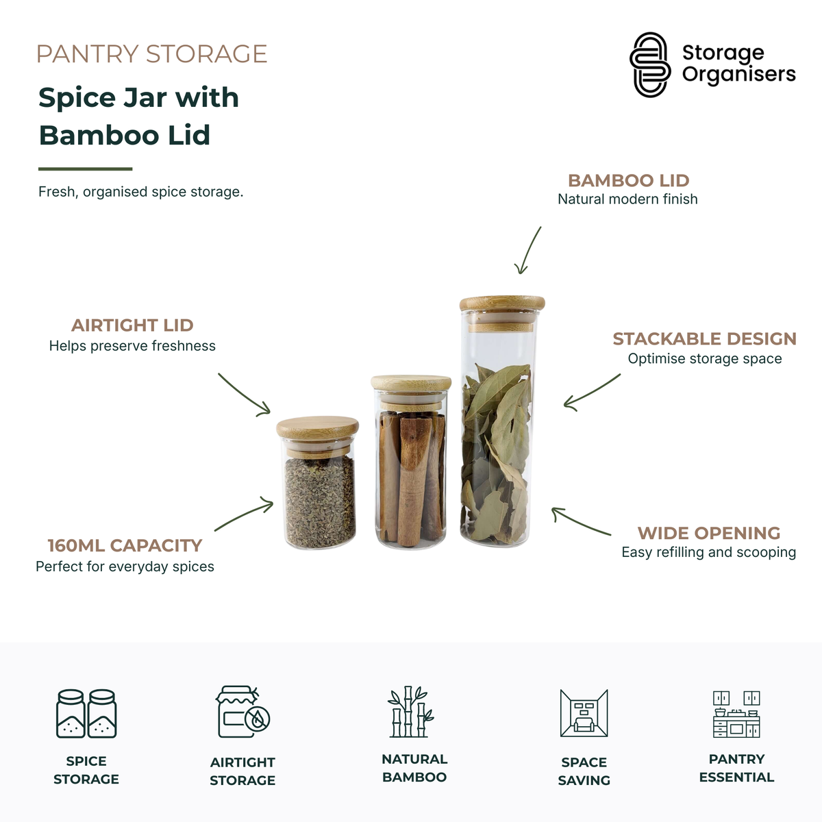 Glass spice jar with natural bamboo lid and airtight seal, designed for fresh spice storage, easy refilling, stackable pantry organisation, and space-saving kitchen storage.