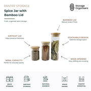 Glass spice jar with natural bamboo lid and airtight seal, designed for fresh spice storage, easy refilling, stackable pantry organisation, and space-saving kitchen storage.