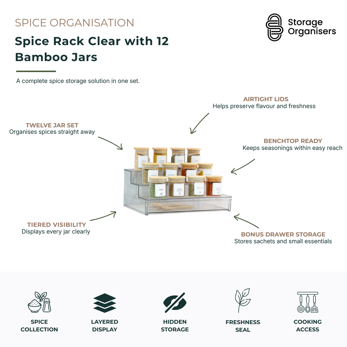 Clear spice rack organiser with 12 matching bamboo-lid spice jars, designed for neat and accessible kitchen spice storage. The tiered acrylic spice rack provides clear visibility of herbs, spices, and seasonings, while airtight bamboo lids help preserve freshness and flavour. Featuring a convenient storage drawer for spice sachets and small kitchen essentials, this countertop spice organiser creates a tidy, organised cooking space and keeps frequently used ingredients within easy reach. Ideal for pantry org