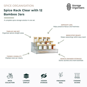 Clear spice rack organiser with 12 matching bamboo-lid spice jars, designed for neat and accessible kitchen spice storage. The tiered acrylic spice rack provides clear visibility of herbs, spices, and seasonings, while airtight bamboo lids help preserve freshness and flavour. Featuring a convenient storage drawer for spice sachets and small kitchen essentials, this countertop spice organiser creates a tidy, organised cooking space and keeps frequently used ingredients within easy reach. Ideal for pantry org