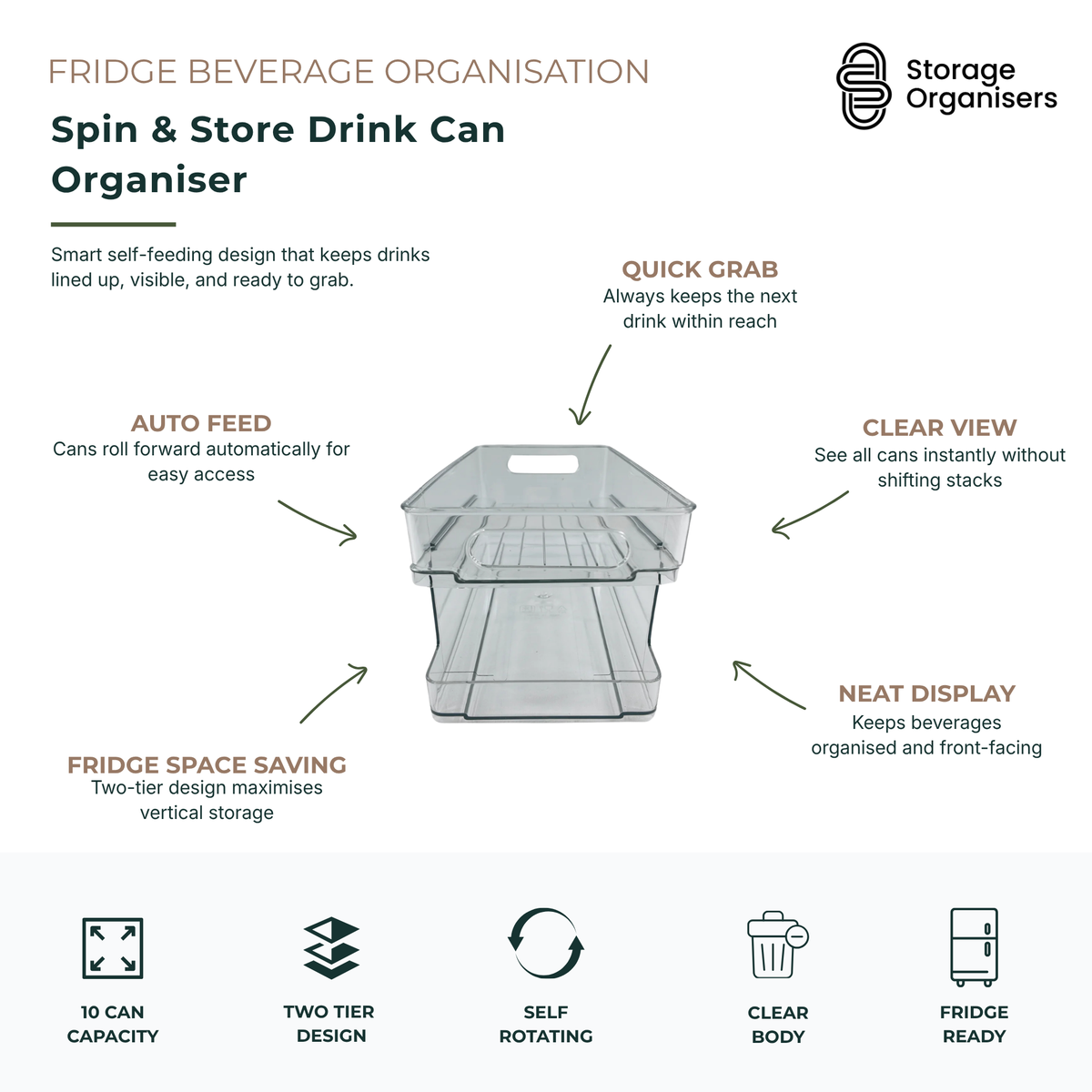 spin and store drink can organiser with self-feeding design for fridge beverage storage and easy-access can organisation