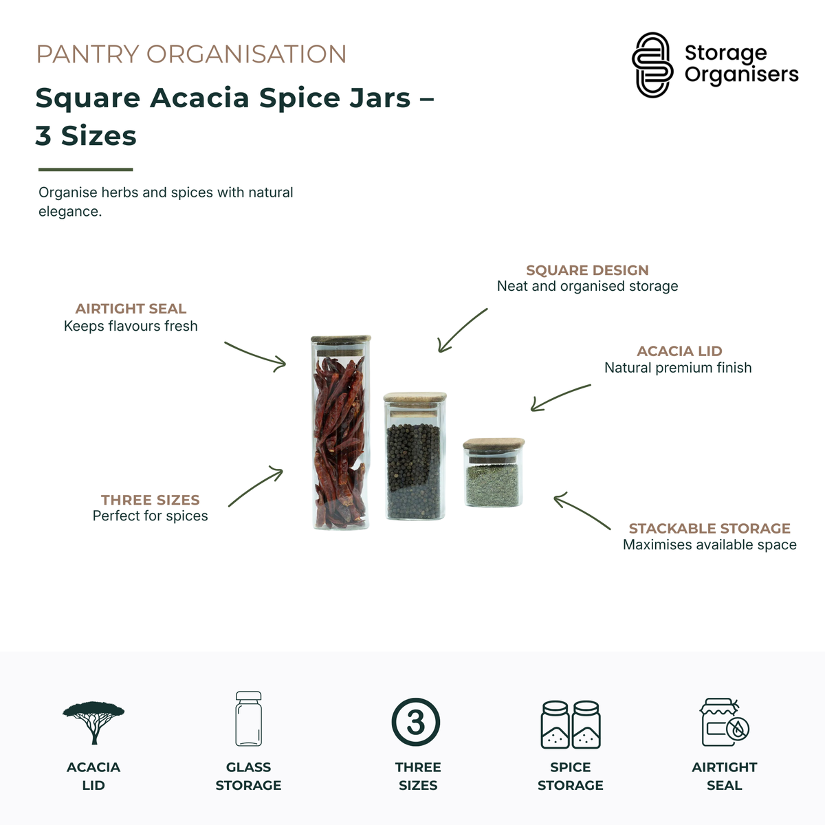 Square acacia spice jar set featuring three different sizes for organising herbs, spices, seasonings, and pantry ingredients. Made from clear glass with natural acacia wood lids and airtight seals to help maintain freshness and flavour. The square design provides neat, organised storage while the stackable shape maximises pantry and cupboard space. Ideal for storing dried herbs, peppercorns, chilli flakes, spice blends, and everyday cooking essentials in a stylish and functional pantry setup.