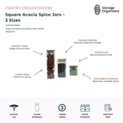 Square acacia spice jar set featuring three different sizes for organising herbs, spices, seasonings, and pantry ingredients. Made from clear glass with natural acacia wood lids and airtight seals to help maintain freshness and flavour. The square design provides neat, organised storage while the stackable shape maximises pantry and cupboard space. Ideal for storing dried herbs, peppercorns, chilli flakes, spice blends, and everyday cooking essentials in a stylish and functional pantry setup.