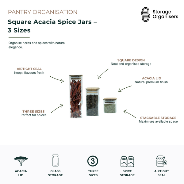 Square acacia spice jar set featuring three different sizes for organising herbs, spices, seasonings, and pantry ingredients. Made from clear glass with natural acacia wood lids and airtight seals to help maintain freshness and flavour. The square design provides neat, organised storage while the stackable shape maximises pantry and cupboard space. Ideal for storing dried herbs, peppercorns, chilli flakes, spice blends, and everyday cooking essentials in a stylish and functional pantry setup.