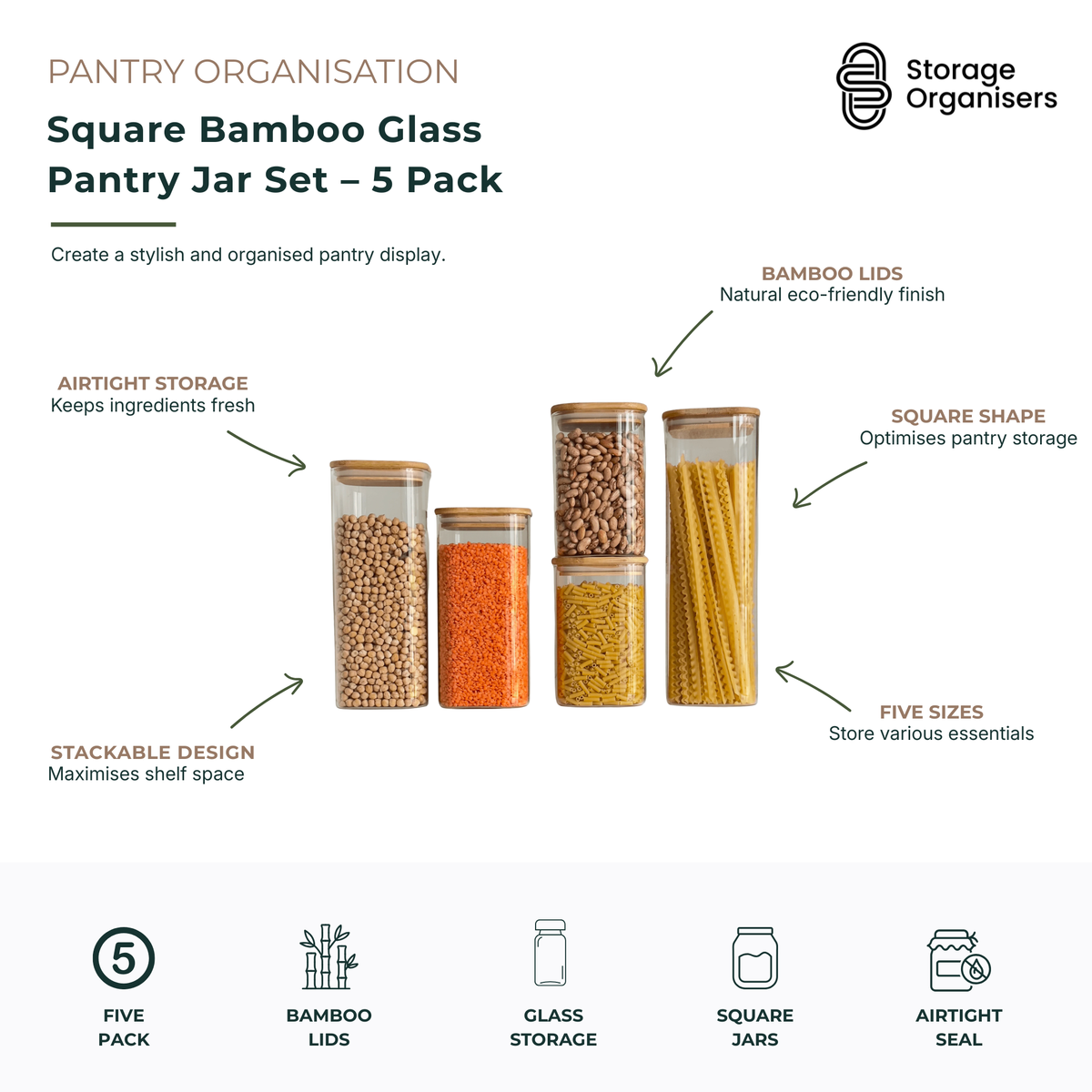 5-piece square bamboo glass pantry jar set with airtight bamboo lids, designed for stylish pantry organisation and long-lasting food freshness. Features durable clear glass containers in five practical sizes, airtight seals to keep ingredients fresh, stackable square shapes that maximise shelf space, and a natural bamboo finish for a modern pantry aesthetic. Ideal for storing pasta, rice, lentils, cereals, snacks, baking ingredients, nuts, and other pantry staples while creating a clean and organised kitche