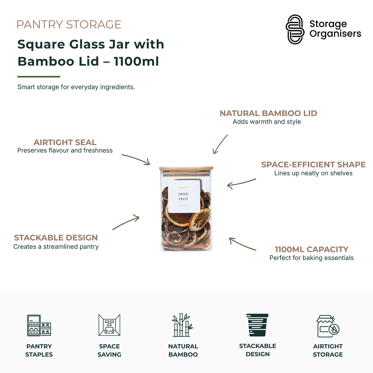 1100ml square glass storage jar with airtight bamboo lid, stackable design, and clear glass construction. Ideal for storing dried fruit, baking ingredients, pantry staples, and dry foods while maximising shelf space and preserving freshness.