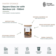 1100ml square glass storage jar with airtight bamboo lid, stackable design, and clear glass construction. Ideal for storing dried fruit, baking ingredients, pantry staples, and dry foods while maximising shelf space and preserving freshness.
